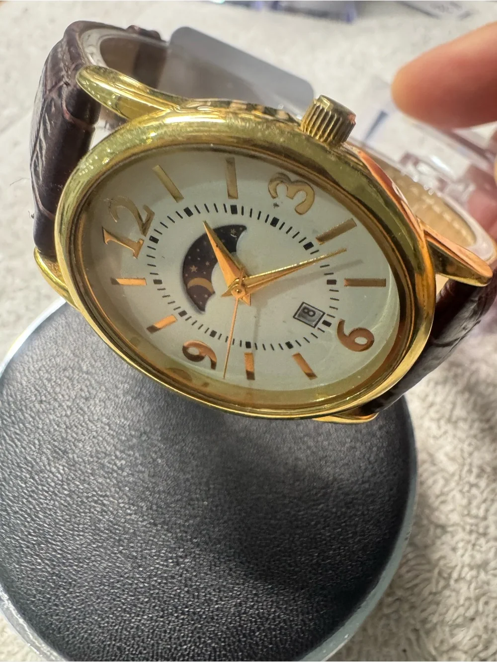 Classic Moonphase Gold-Tone Men’s Watch with Brown Leather Strap